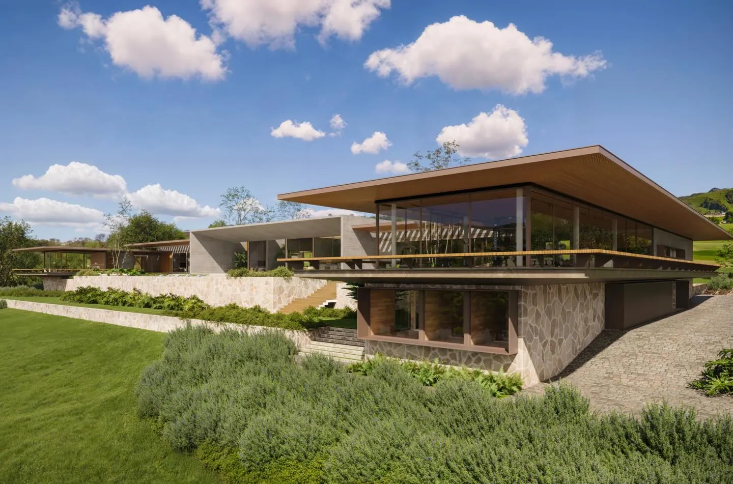 Casa da Vista, com cobertura plana sobre o gramado e vista para as colinas